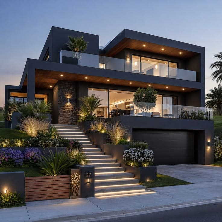 Modern rental home at night