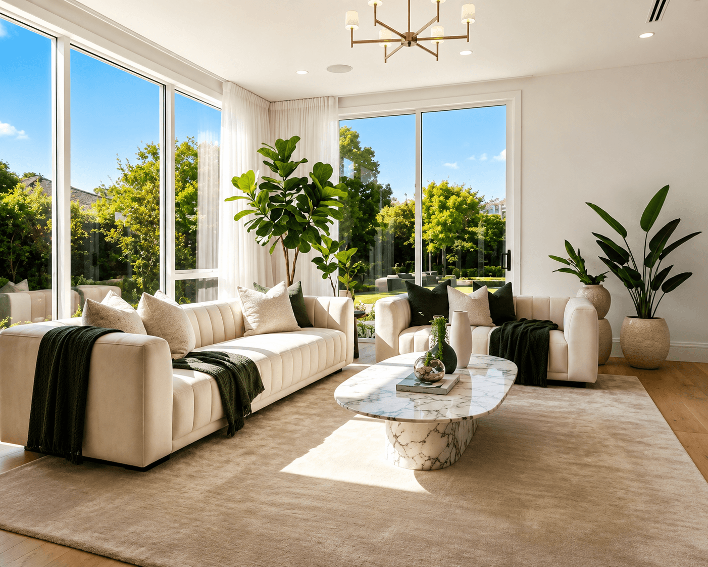 Bright rental living room with large windows